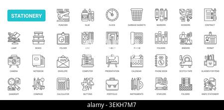 Stationery and office supply symbols featuring writing tools, folders, scissors, notebook, calendar and desk essentials for school and workplace use complex black line icons set vector illustration Stock Vector