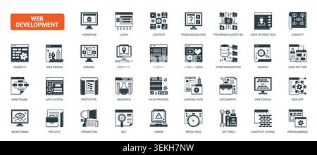 Web development workflow symbols covering coding, testing, interface design, search, analytics, programming and digital product creation solid black icons set vector illustration Stock Vector