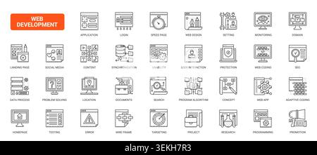 Web development symbols covering coding, design, login, SEO, analytics, testing and interface workflows for digital products and online services complex black line icons set vector illustration Stock Vector
