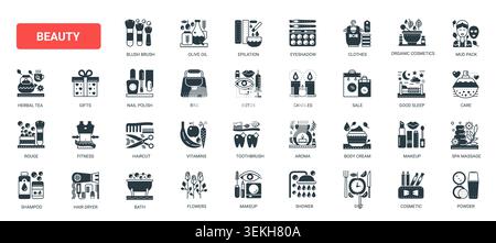 Beauty and cosmetics themed symbols for skincare, makeup, spa, wellness salon services, showing personal care products self care routines solid black icons set vector illustration Stock Vector