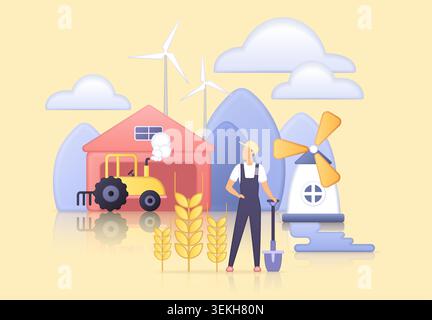Volumetric farm scene with farmer, tractor, barn, wheat, windmill and turbines in rural landscape, showing modern agriculture and clean energy isolated on white background vector illustration Stock Vector
