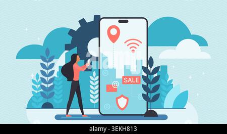 Woman using smartphone with augmented reality cloud interface, location pin, wifi, sale tag, email and security icons in modern flat design isolated on white background vector illustration Stock Vector