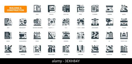 Construction industry symbols featuring building tools, site equipment, planning elements and engineering workflow for architecture development solid black icons set vector illustration Stock Vector