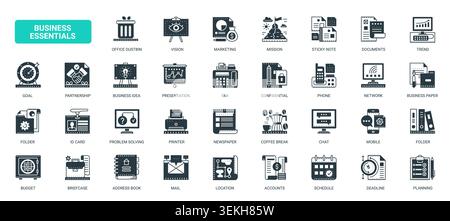 Business essentials for office workflow, planning, communication, finance, marketing and productivity across corporate operations solid black icons set vector illustration Stock Vector