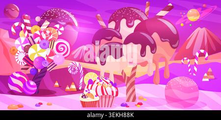 Surreal pink dessert world with candy trees, dripping ice cream, donuts, cupcakes and planets in an alien fantasy landscape for sweet themed design projects vector illustration Stock Vector