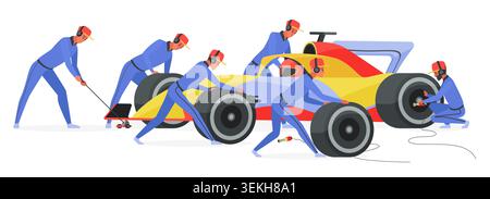 Pit crew mechanics replace tires on a formula race car during a fast service stop, showing teamwork, speed and motorsport maintenance isolated on white background vector illustration Stock Vector