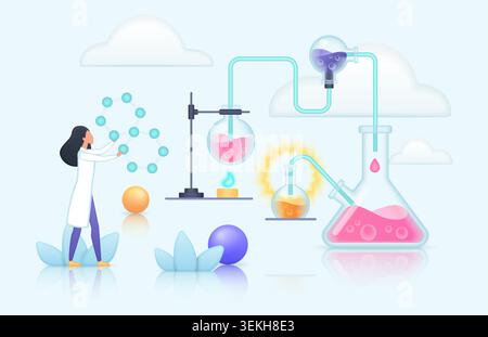 Scientist working with volumetric chemistry glassware, molecules and laboratory equipment including flasks, burner and tubes in a modern science scene isolated on white background vector illustration Stock Vector