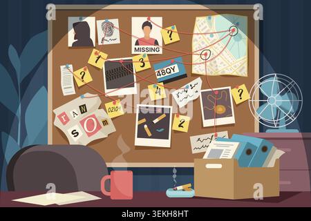 Detective workspace with crime evidence board, missing person poster, map, fingerprints, clues, photos, ransom note, files and desk items isolated on dark background vector illustration Stock Vector
