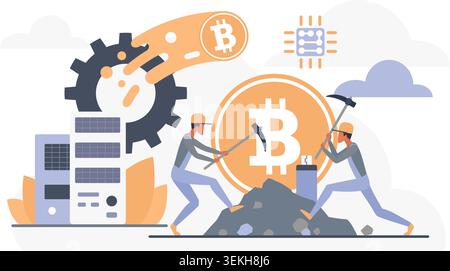 Workers mine bitcoin with pickaxes beside server hardware, cloud computing icons and processor elements, showing digital crypto mining technology isolated on white background vector illustration Stock Vector