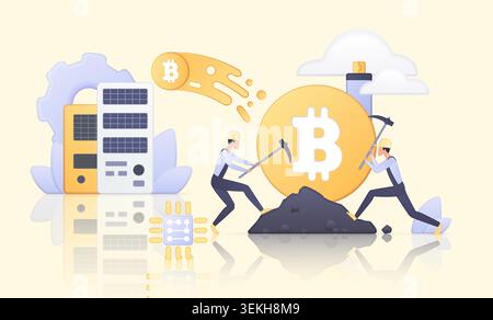 Workers mine bitcoin beside server hardware and industrial equipment, showing digital currency production, blockchain technology, crypto infrastructure isolated on white background vector illustration Stock Vector