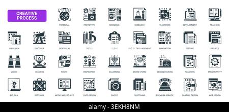 Creative process symbols covering brainstorming, research, prototyping, branding, teamwork, teaching and design workflow for digital projects solid black icons set vector illustration Stock Vector