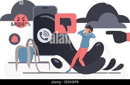 Cyberbullying cloud concept shows a distressed person beside a giant smartphone with angry messages, dislike icon and pointing hand isolated on white background vector illustration Stock Vector