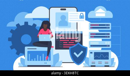 Cloud database security concept with mobile phone, servers, shield, analytics dashboard and woman using laptop for data protection, backup and storage isolated on dark background vector illustration Stock Vector