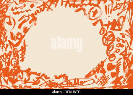 Orange grunge brush stroke doodle frame background. Abstract hand drawn chalk scribble border with hearts, stars and words Stock Vector