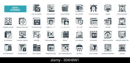Data science and analytics symbols covering storage, coding, mining, security, cloud systems machine learning for digital technology workflows solid black icons set vector illustration Stock Vector