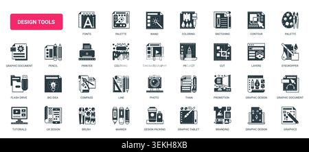 Creative design workflow symbols covering fonts, palette, sketching, layers, branding, graphics, printing and digital drawing tools solid black icons set vector illustration Stock Vector