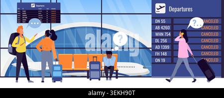 Passengers face flight cancellations at airport departures board, with delayed travel, luggage, confusion and stress in terminal scene isolated on white background vector illustration Stock Vector