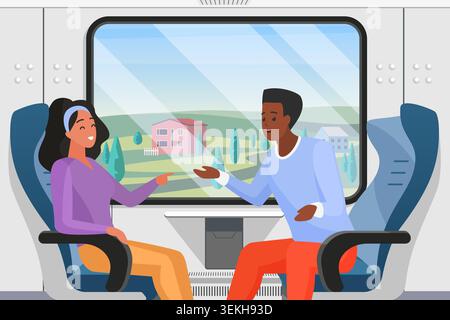 Two friends chat while sitting in a modern train carriage, enjoying travel together beside a large window with scenic countryside views, black passenger visible vector illustration Stock Vector