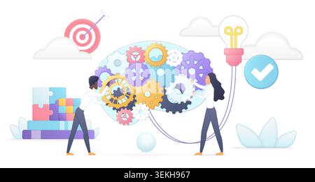 People building a brain with gears, puzzle blocks, target, light bulb and check mark, showing creative thinking, problem solving and innovation isolated on white background vector illustration Stock Vector