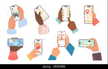 Collection of diverse hands holding smartphones with social media, podcast, navigation, banking, education and messaging screens, isolated on white background vector illustration Stock Vector
