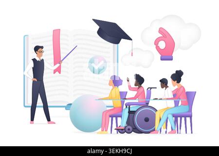 Teacher presents lesson to diverse students, including wheelchair user, beside giant open book, graduation cap, sign language symbol in accessible learning scene isolated on white vector illustration Stock Vector