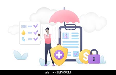 Insurance coverage concept with umbrella, policy clipboard, shield, lock and dollar coin, showing financial protection, safety and risk management isolated on white background vector illustration Stock Vector