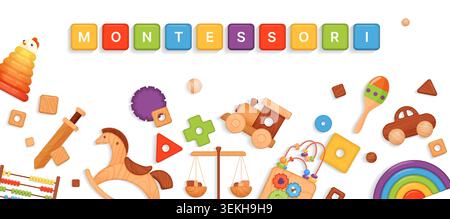 Colorful Montessori letters with wooden educational toys, rainbow, abacus and blocks arranged in a playful learning composition isolated on white background vector illustration Stock Vector