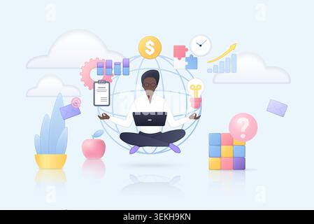 Black professional multitasking in cloud workspace with laptop, analytics, finance, email and ideas, surrounded by business icons isolated on white background vector illustration Stock Vector