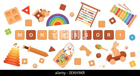 Colorful Montessori cubes with wooden educational toys, rainbow stacker, abacus, xylophone and blocks arranged for early learning, isolated on white background vector illustration Stock Vector