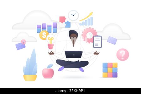 Black businesswoman multitasking with laptop, cloud apps, analytics, email, finance and planning icons, remote workflow concept isolated on white background vector illustration Stock Vector