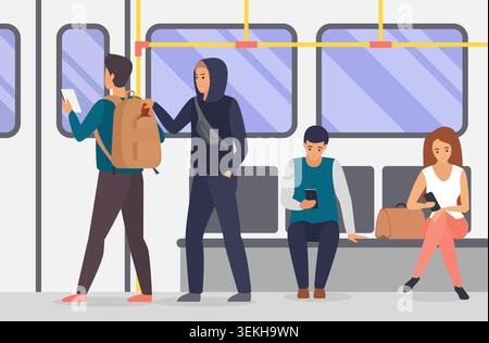 Thief secretly steals a wallet from a passenger backpack while riding a crowded city bus, showing public transport crime, pickpocket risk, theft awareness isolated on white vector illustration Stock Vector