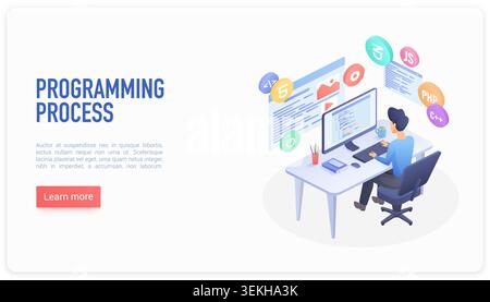 Isometric programmer working at desktop computer with coding screens, web development icons and software interface elements, isolated on white background vector illustration Stock Vector