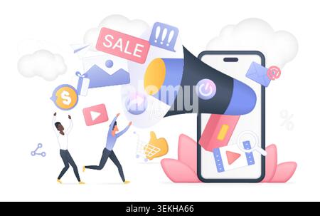 Online marketing concept with smartphone, megaphone, sale banner, email, video, shopping cart and social media icons, modern 3d style isolated on white background vector illustration Stock Vector