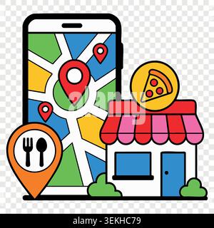 Pizzeria building and mobile navigation tracking map with smartphone screen location pins and pizza slice Stock Vector