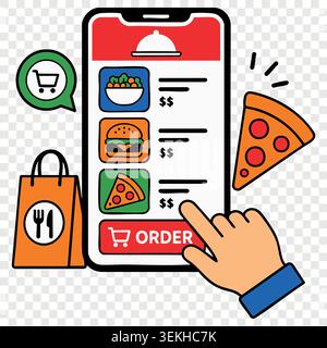 User ordering fast food burger and pizza via phone screen with shopping basket bag and fork Stock Vector