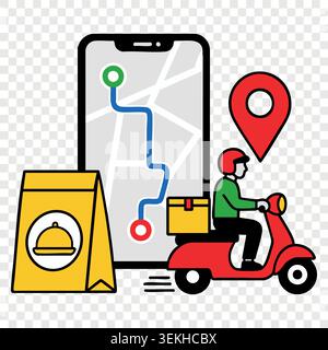 Scooter courier delivering food order with phone map navigation tracking pin and paper package bag Stock Vector