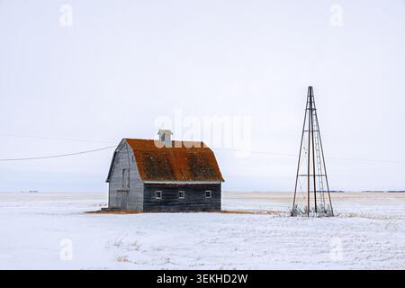Old wooden barn with gambrel roof on snow covered prairie in winter, Saskatchewan, Canada, North America Stock Photo