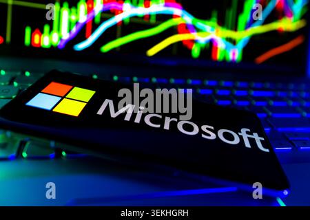 Microsoft Corporation Corporate Logo Displayed On Mobile Screen With Stock Financial Chart Background Stock Photo