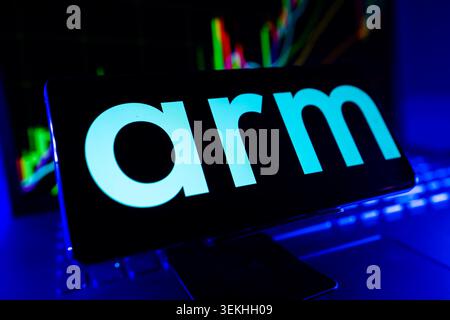 ARM Holdings Corporate Logo Displayed On Mobile Screen With Stock Financial Chart Background Stock Photo