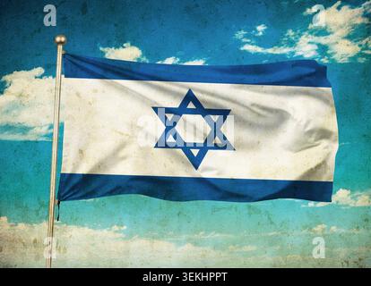 Grunge image of Israel flag waving in the blue sky. Stock Photo
