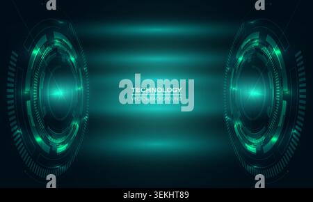 Glowing digital circles and horizontal light beams on a dark background create a futuristic technology design with a sleek sci fi look for banner Stock Vector