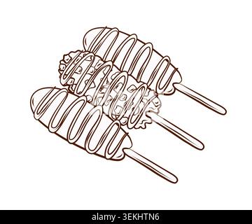 Set of corn dogs with different toppings on sticks. Vector illustration in clean hand drawn line art style. Fast food snack for street food menus Stock Vector