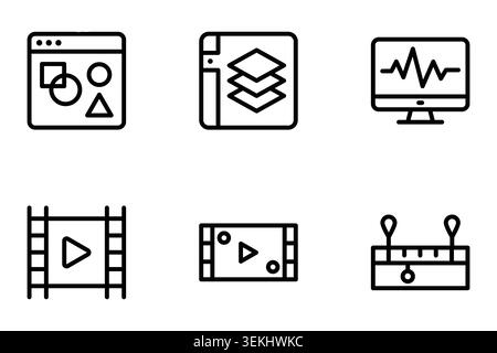 Video editing software ui and multimedia production line icon set vector Stock Vector