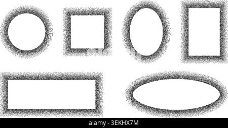 Grain noise frames with gradient fade effects. Dot borders featuring spray texture and stipple patterns for modern design overlays. Stock Vector