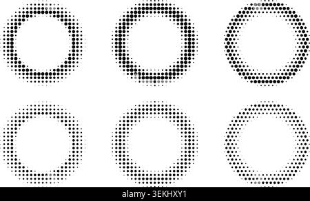 Circular dotted frames featuring halftone patterns and radial gradients. Vintage pop art borders with geometric shapes, perfect for retro graphic design and digital backgrounds. Stock Vector