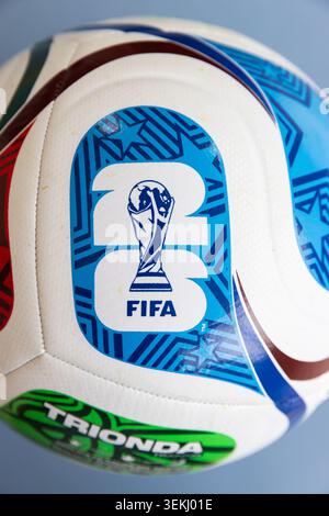 LONDON, UK - JUNE 2nd 2026: The official Fifa 2026 world cup soccer logo on a football Stock Photo