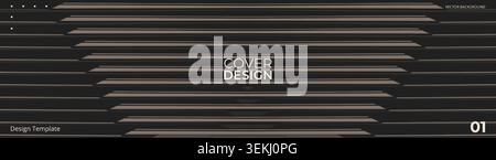 Minimal dark abstract composition featuring stacked horizontal bars, subtle metallic accents, and a centered geometric opening. The wide panoramic Stock Vector
