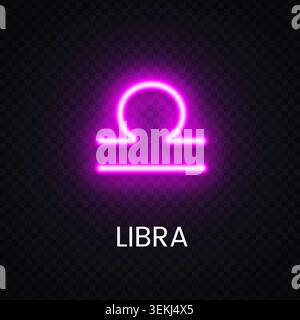 Pink Libra zodiac neon sign glowing on transparent background. Astrology symbol for horoscope design, cosmic branding and mystical decoration. Stock Vector