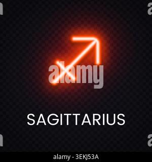 Red Sagittarius zodiac neon symbol isolated on dark backdrop. Modern astrology icon for horoscope artwork, cosmic poster and mystical concept. Stock Vector
