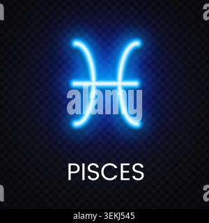 Blue Pisces zodiac neon symbol with radiant glow isolated on dark backdrop. Celestial astrology icon for horoscope theme and mystical artwork. Stock Vector